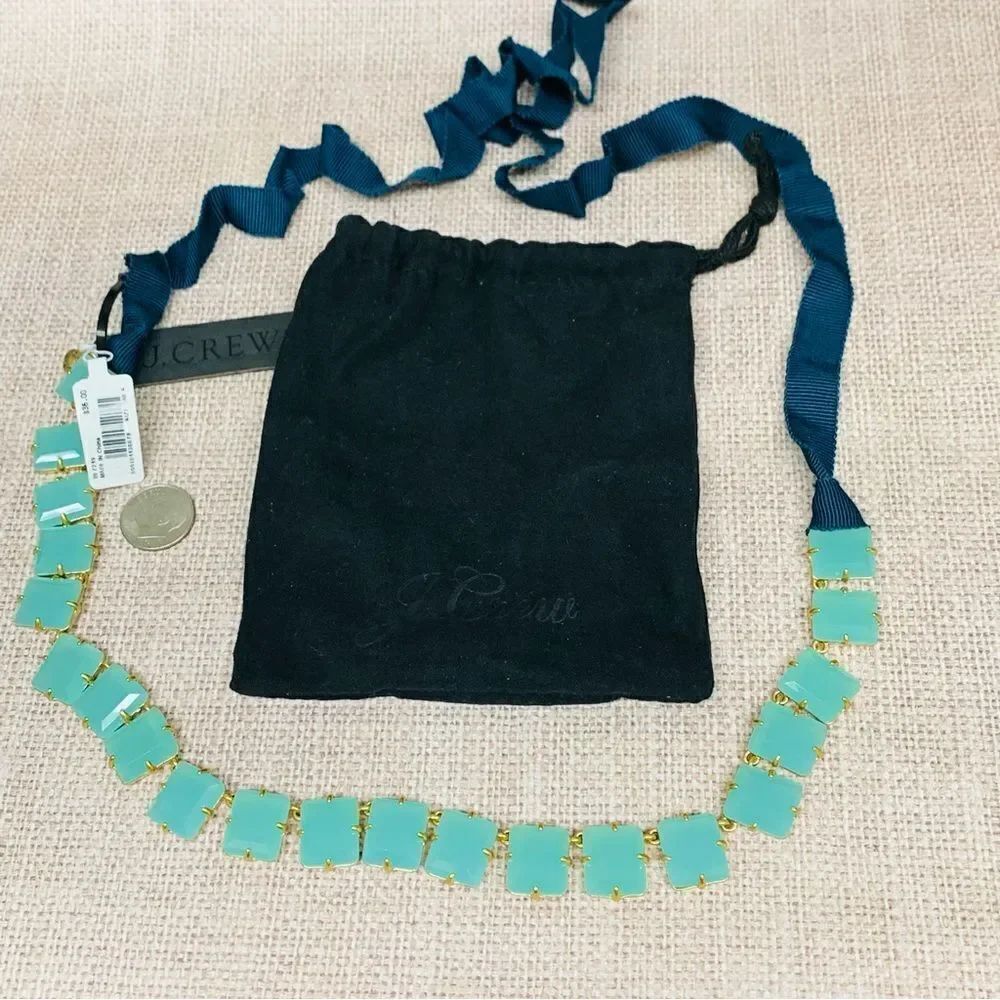 J Crew Aqua Beaded Ribbon Necklace NWT‎